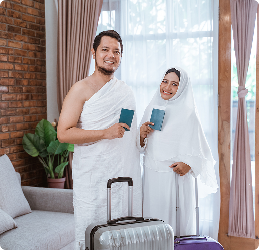Pilgrims ready for Umrah with passports and luggage